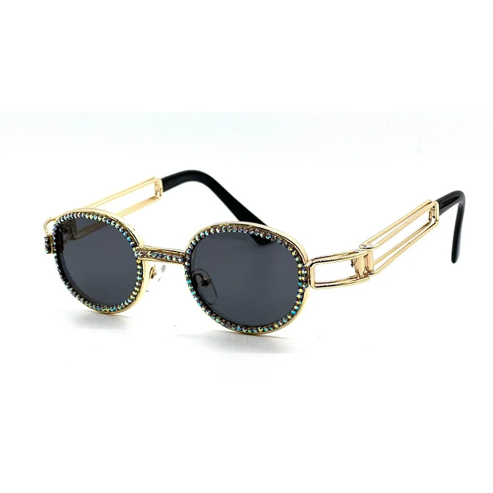 Rhinestone Sunglasses Oval Frame Gold Metal Designer Fashion Men Hip Hop Diamond